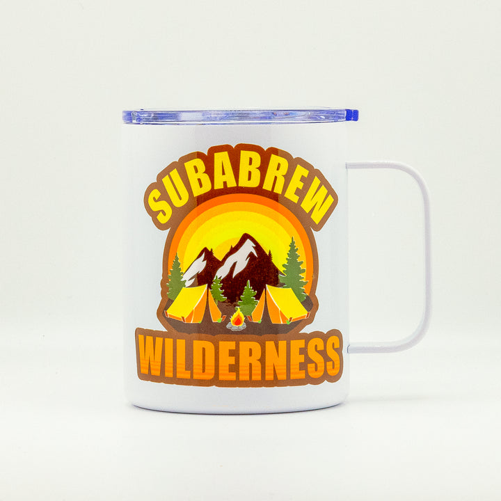 White mug with Subabrew Wilderness design on a white background