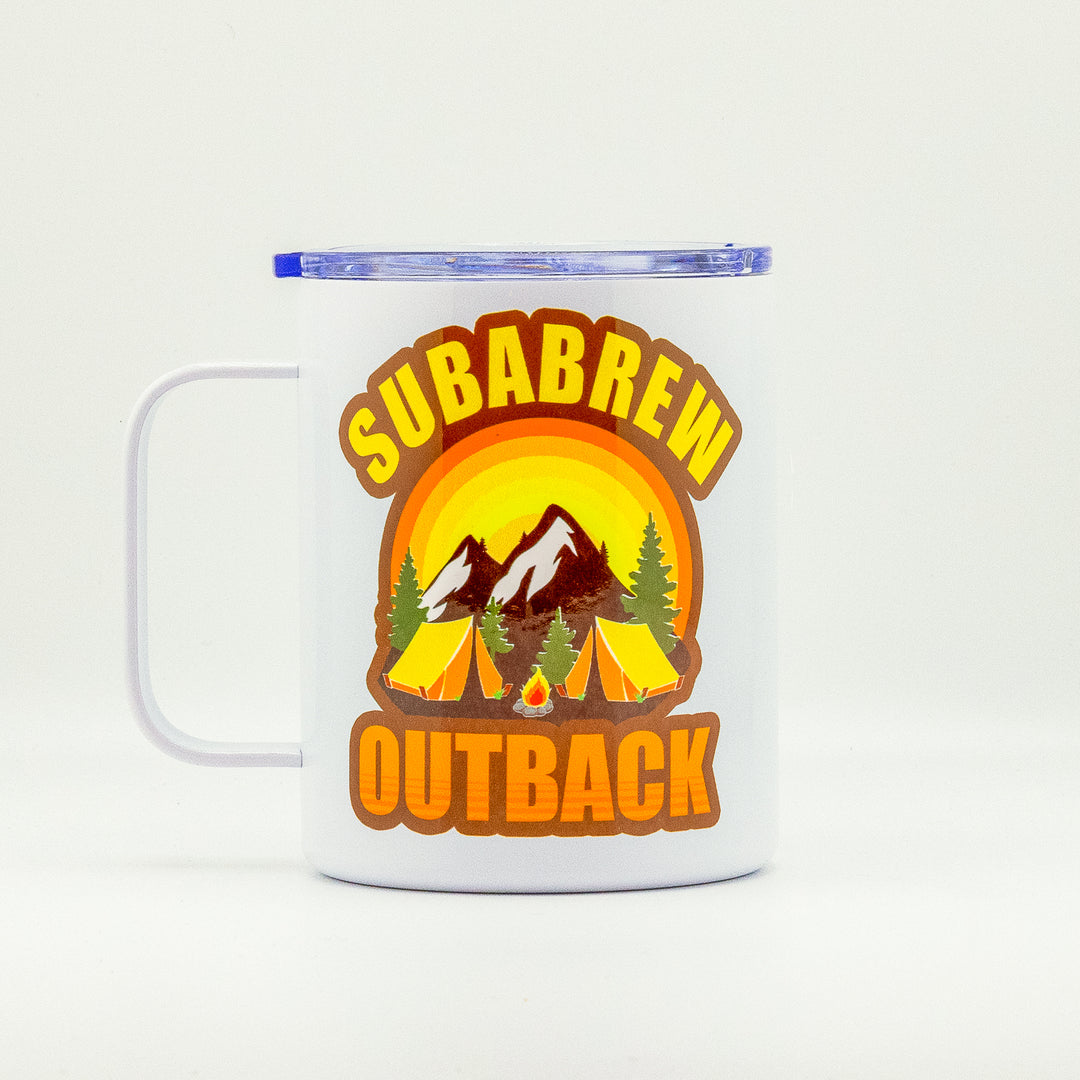 CUSTOM STAINLESS STEEL MUG SUBARU OUTBACK CAMP CAMPFIRE CAMPING TRAVEL 