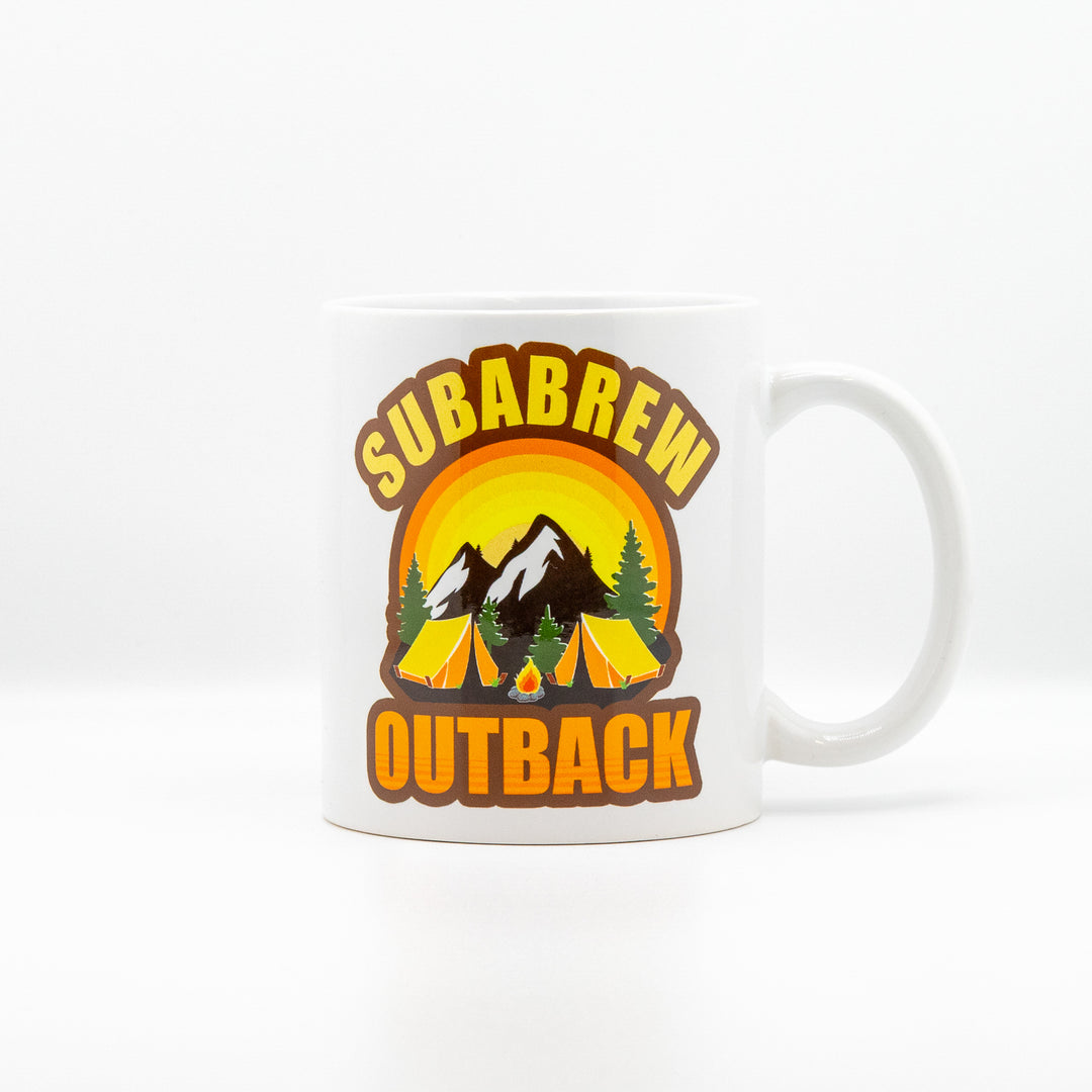 CUSTOM COFFEE MUG SUBARU OUTBACK CAMP CAMPFIRE 